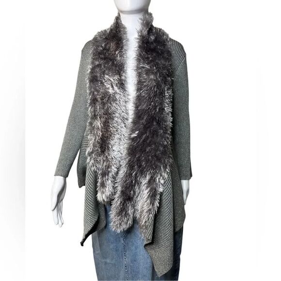 Lauren Michelle Faux Fur Lined Asymmetrical Open Front Cardigan silver Large - Picture 3 of 7